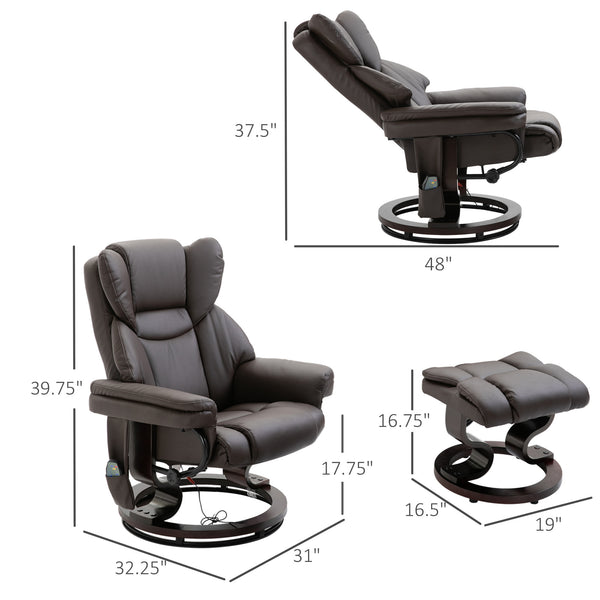 Massage Recliner Chair Brown With Ottoman 10-Point Vibrating Swivel For Bedroom & Living Room