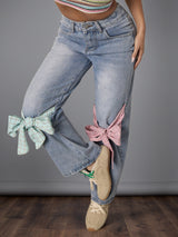 Bow Design High Waist Wide Leg Jeans Women Autumn Winter Retro Loose Straight Pants