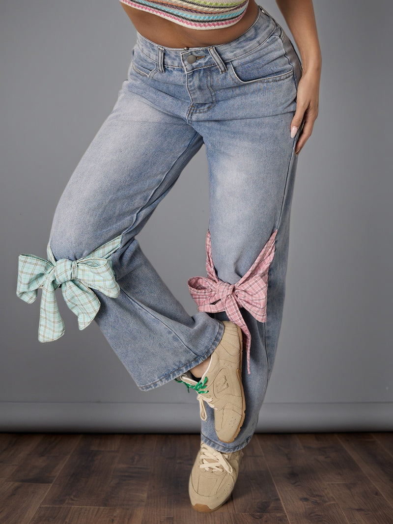 Bow Design High Waist Wide Leg Jeans Women Autumn Winter Retro Loose Straight Pants