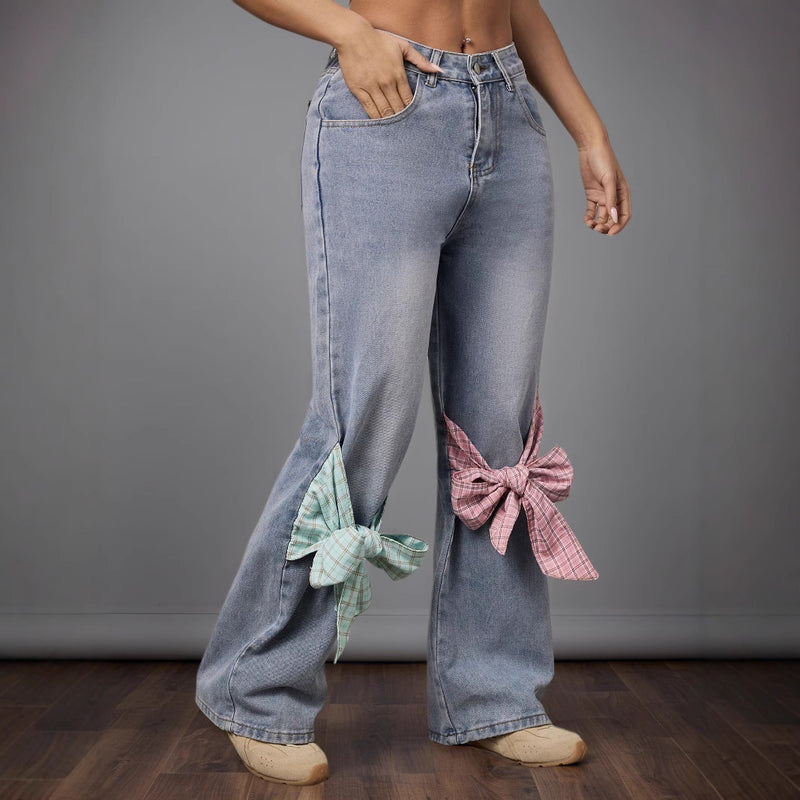 Bow Design High Waist Wide Leg Jeans Women Autumn Winter Retro Loose Straight Pants