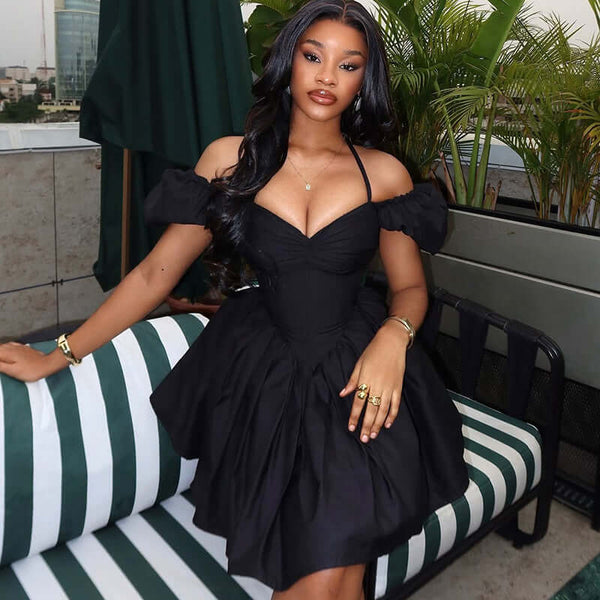 Elegant Graceful Women Clothing Solid Color Tied Pleated Dress Halter Fitted Waist Pleated V neck Short Dress