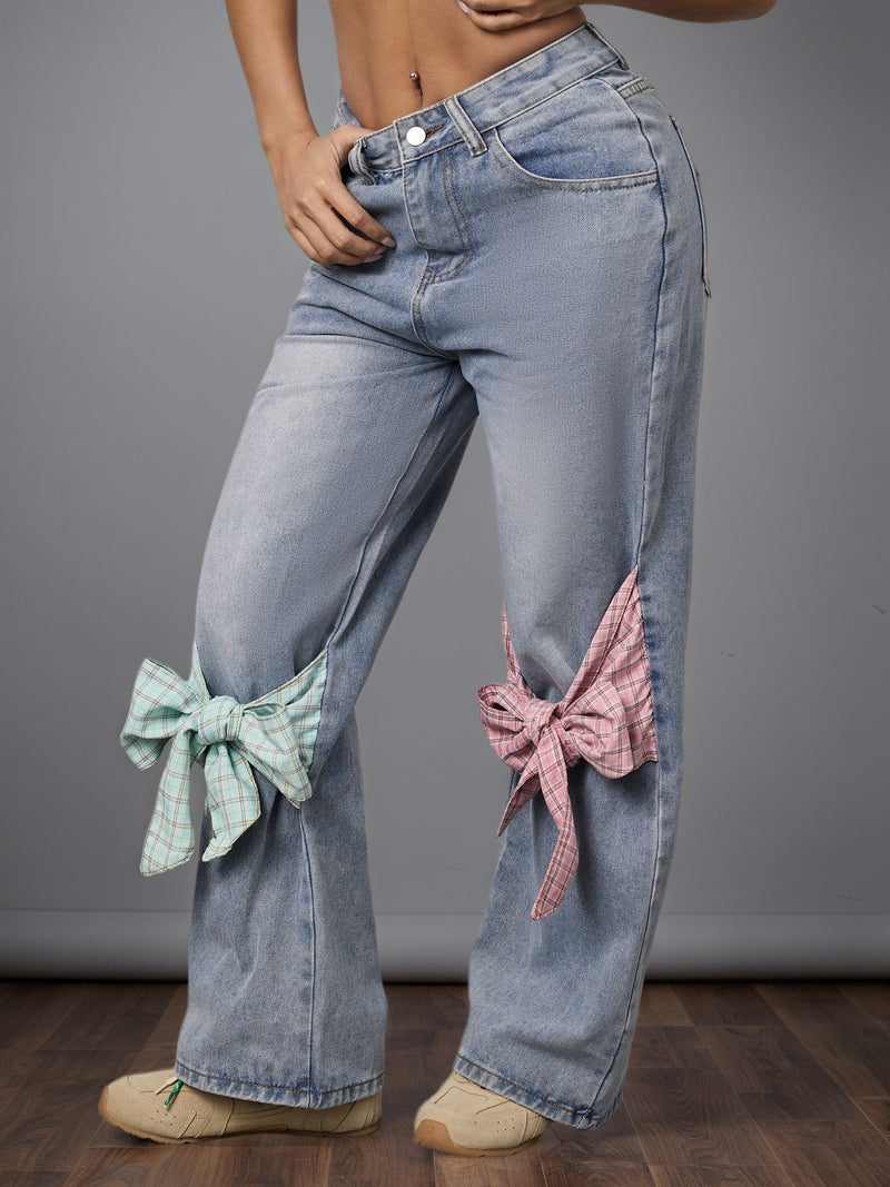 Bow Design High Waist Wide Leg Jeans Women Autumn Winter Retro Loose Straight Pants