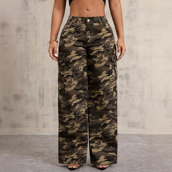 VIREA model wearing camouflage wide-leg overalls front view
