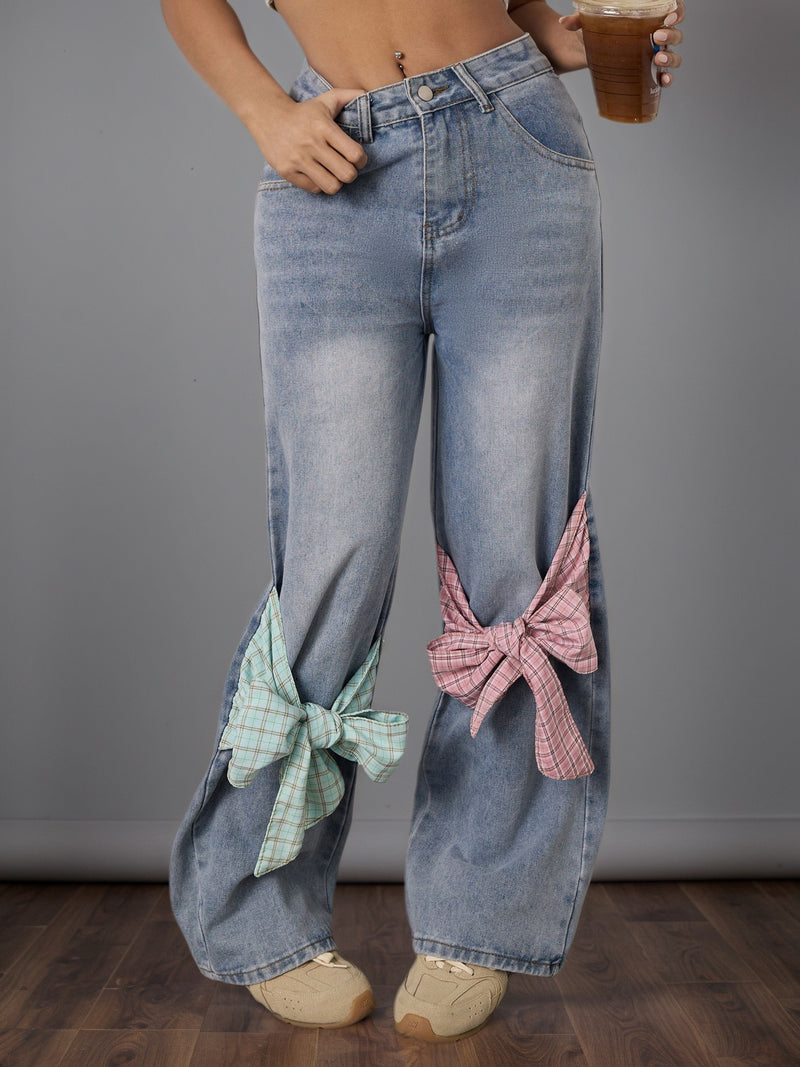 Bow Design High Waist Wide Leg Jeans Women Autumn Winter Retro Loose Straight Pants