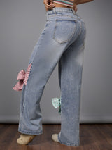 Bow Design High Waist Wide Leg Jeans Women Autumn Winter Retro Loose Straight Pants
