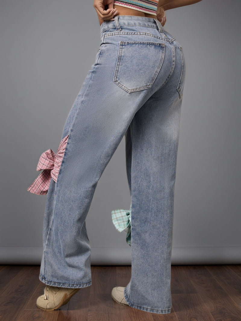 Bow Design High Waist Wide Leg Jeans Women Autumn Winter Retro Loose Straight Pants