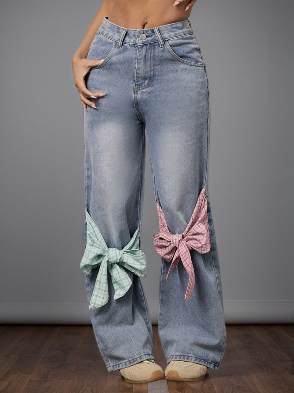 Bow Design High Waist Wide Leg Jeans Women Autumn Winter Retro Loose Straight Pants