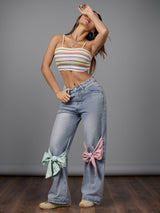 Bow Design High Waist Wide Leg Jeans Women Autumn Winter Retro Loose Straight Pants