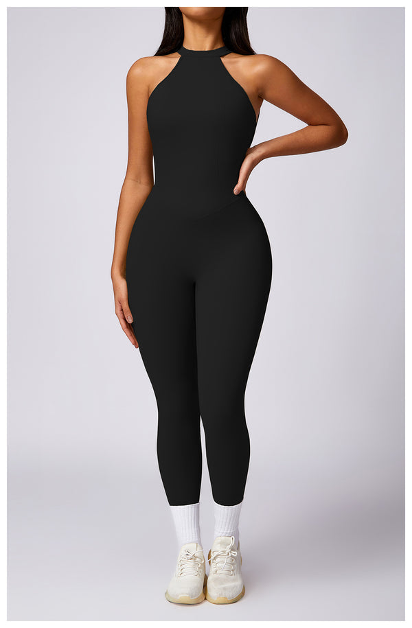 Black backless fitness jumpsuit for women – slim fit activewear front view