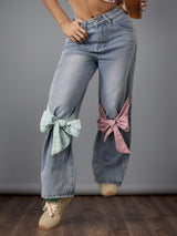 Bow Design High Waist Wide Leg Jeans Women Autumn Winter Retro Loose Straight Pants